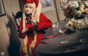 Rating: Safe Score: 0 Tags: 1girl blonde_hair blurry blurry_background bow depth_of_field dress flower indoors lips long_hair long_sleeves photo red_dress rose shinku solo twintails User: admin