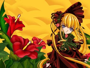 Rating: Safe Score: 0 Tags: 1girl blonde_hair blue_eyes bonnet bow bowtie dress drill_hair flower green_bow image long_hair long_sleeves looking_at_viewer red_dress red_flower rose shinku solo twintails yellow_background User: admin