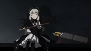 Rating: Safe Score: 0 Tags: 1girl black_background closed_eyes closed_mouth cross dress frills hairband holding image instrument long_hair long_sleeves silver_hair sitting solo suigintou weapon User: admin