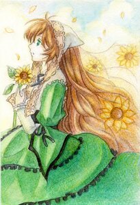 Rating: Safe Score: 0 Tags: 1girl brown_hair dress flower frills green_dress green_eyes hat image long_hair long_sleeves petals profile puffy_sleeves solo suiseiseki sunflower traditional_media very_long_hair watercolor_(medium) yellow_flower User: admin