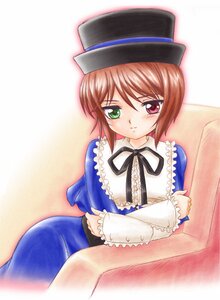 Rating: Safe Score: 0 Tags: 1girl blue_dress blush brown_hair crossed_arms dress frills green_eyes hat heterochromia image long_sleeves looking_at_viewer red_eyes ribbon short_hair solo souseiseki User: admin