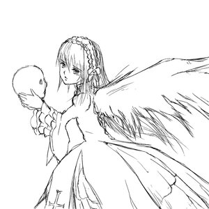 Rating: Safe Score: 0 Tags: 1girl dress frills greyscale hairband image lolita_hairband long_sleeves looking_at_viewer looking_back monochrome simple_background solo suigintou white_background wings User: admin