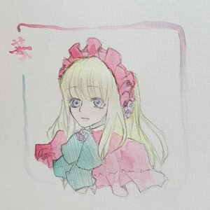 Rating: Safe Score: 0 Tags: 1girl bangs blonde_hair blue_eyes bonnet bow bowtie closed_mouth dress flower image long_hair long_sleeves looking_at_viewer shinku smile solo traditional_media upper_body User: admin