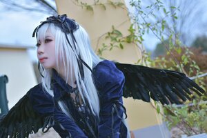 Rating: Safe Score: 0 Tags: 1girl bangs black_dress black_wings blurry blurry_background blurry_foreground closed_mouth depth_of_field dress feathered_wings feathers flower hairband lips long_hair long_sleeves photo ribbon silver_hair solo suigintou upper_body wings User: admin