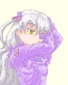 Rating: Safe Score: 0 Tags: 1girl auto_tagged barasuishou bouquet dress flower green_eyes image long_hair long_sleeves purple_dress purple_flower purple_rose rose silver_hair solo striped upper_body vertical_stripes yellow_background User: admin