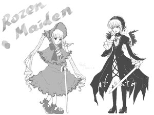 Rating: Safe Score: 0 Tags: 2girls boots dress greyscale image long_hair long_sleeves monochrome multiple_girls pair shinku standing suigintou User: admin