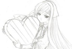 Rating: Safe Score: 0 Tags: 1girl bangs blush dress frills greyscale image long_hair long_sleeves looking_at_viewer monochrome ribbon sketch solo suiseiseki upper_body User: admin