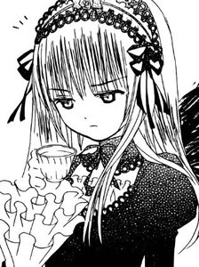 Rating: Safe Score: 0 Tags: 1girl bangs closed_mouth cup dress frills greyscale hairband holding holding_cup image long_hair long_sleeves looking_at_viewer monochrome simple_background solo suigintou teacup upper_body white_background User: admin