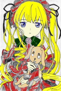 Rating: Safe Score: 0 Tags: 1girl blonde_hair blue_eyes dress drill_hair flower image long_hair long_sleeves looking_at_viewer marker_(medium) rose shinku simple_background solo stuffed_animal traditional_media twintails User: admin