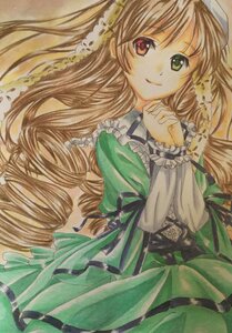 Rating: Safe Score: 0 Tags: 1girl brown_hair dress frills green_dress hat head_scarf heterochromia image long_hair long_sleeves looking_at_viewer ribbon smile solo suiseiseki traditional_media very_long_hair User: admin