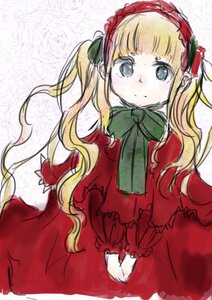 Rating: Safe Score: 0 Tags: 1girl bangs blonde_hair blue_eyes blush bow bowtie dress flower frills green_bow green_neckwear image long_hair long_sleeves looking_at_viewer red_capelet red_dress shinku solo twintails User: admin