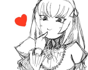 Rating: Safe Score: 0 Tags: 1girl bare_shoulders blush closed_mouth eating greyscale heart image long_hair monochrome rose simple_background sketch smile solo suigintou upper_body white_background User: admin