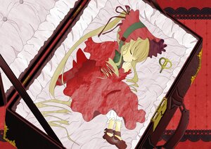 Rating: Safe Score: 0 Tags: 1girl blonde_hair bonnet closed_eyes dress frills hair_ribbon image long_hair long_sleeves lying red_dress ribbon shinku sleeping solo User: admin