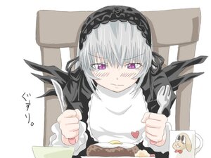 Rating: Safe Score: 0 Tags: 1girl artist_request blush box cardboard_box food hairband image in_box in_container jpeg_artifacts lolita_hairband long_sleeves pink_eyes purple_eyes rozen_maiden silver_hair solo striped suigintou table white_background User: admin