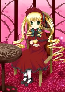 Rating: Safe Score: 0 Tags: 1girl blonde_hair bow cup dress drill_hair flower frills image long_hair petals red_dress rose shinku sitting solo teacup twintails User: admin