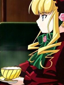 Rating: Safe Score: 0 Tags: 1girl blonde_hair blue_eyes bonnet bow cup dress flower image long_hair long_sleeves pink_flower pink_rose profile rose shinku sidelocks solo teacup upper_body User: admin