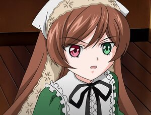 Rating: Safe Score: 0 Tags: 1girl brown_hair dress green_eyes head_scarf image long_hair looking_at_viewer red_eyes ribbon solo suiseiseki User: admin