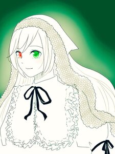 Rating: Safe Score: 0 Tags: blush closed_mouth dress frills green_background green_eyes heterochromia image long_hair looking_at_viewer neck_ribbon puffy_sleeves red_eyes ribbon smile solo suiseiseki upper_body white_hair User: admin