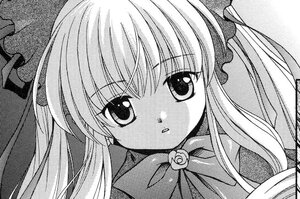 Rating: Safe Score: 0 Tags: 1girl bow flower greyscale halftone halftone_background image long_hair looking_at_viewer monochrome ribbon rose shinku simple_background solo two_side_up User: admin