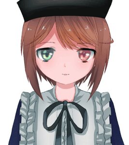 Rating: Safe Score: 0 Tags: 1girl apron bangs black_headwear black_ribbon brown_hair closed_mouth eyebrows_visible_through_hair frills hat heterochromia image looking_at_viewer ribbon short_hair simple_background smile solo souseiseki striped swept_bangs upper_body white_background User: admin