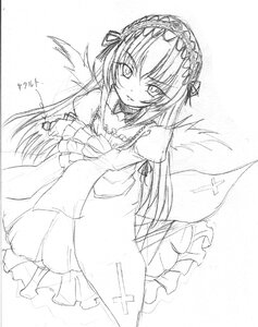 Rating: Safe Score: 0 Tags: 1girl blush detached_collar dress frills greyscale hairband image long_hair long_sleeves looking_at_viewer monochrome simple_background solo suigintou traditional_media white_background wings User: admin