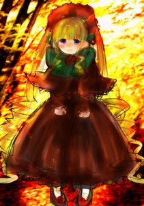 Rating: Safe Score: 0 Tags: 1girl blonde_hair blue_eyes blush bonnet bow dress fire flower full_body image long_sleeves looking_at_viewer rose shinku solo standing twintails User: admin