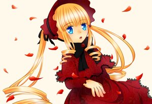 Rating: Safe Score: 0 Tags: 1girl :o blonde_hair blue_eyes bonnet bow dress drill_hair flower image long_hair long_sleeves open_mouth petals red_dress rose_petals shinku solo striped twintails User: admin