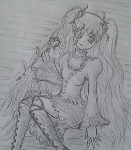 Rating: Safe Score: 0 Tags: 1girl dress frills greyscale image kirakishou long_hair monochrome sketch smile solo traditional_media twintails very_long_hair User: admin