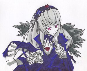 Rating: Safe Score: 0 Tags: 1girl dress flower frilled_sleeves frills hairband image long_hair long_sleeves pink_eyes ribbon rose solo suigintou traditional_media wings User: admin