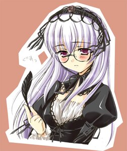 Rating: Safe Score: 0 Tags: 1girl black_ribbon blush detached_collar dress feathers glasses hairband image lolita_hairband long_hair long_sleeves looking_at_viewer pink_eyes puffy_sleeves purple_eyes ribbon rozen_maiden setins silver_hair simple_background solo suigintou upper_body User: admin