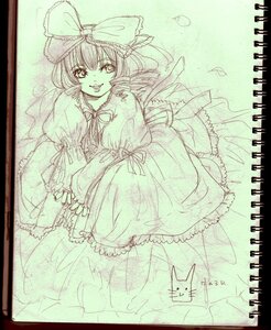 Rating: Safe Score: 0 Tags: 1girl black_border bow dress frills hair_bow hinaichigo image kagiyama_hina long_hair looking_at_viewer monochrome puffy_sleeves ribbon smile solo traditional_media User: admin