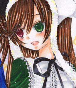 Rating: Safe Score: 0 Tags: 1girl :d bangs blush brown_hair dress frills green_eyes heterochromia image long_hair long_sleeves looking_at_viewer open_mouth red_eyes simple_background smile solo suiseiseki upper_body User: admin