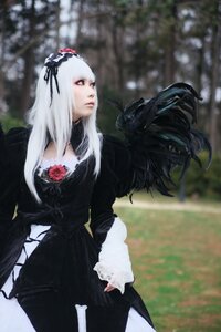 Rating: Safe Score: 0 Tags: 1girl black_dress blurry blurry_background depth_of_field dress flower frills gothic_lolita hairband lolita_fashion long_hair long_sleeves red_eyes rose silver_hair solo suigintou wings User: admin