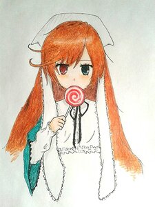Rating: Safe Score: 0 Tags: 1girl bangs candy dress food hat holding_food image lollipop long_hair long_sleeves looking_at_viewer red_eyes solo suiseiseki swirl_lollipop traditional_media upper_body User: admin