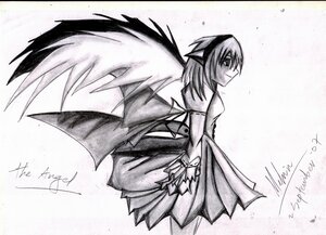Rating: Safe Score: 0 Tags: 1girl bare_shoulders dated dress greyscale image looking_at_viewer looking_back monochrome mystia_lorelei profile short_hair signature solo standing suigintou traditional_media white_background wings User: admin