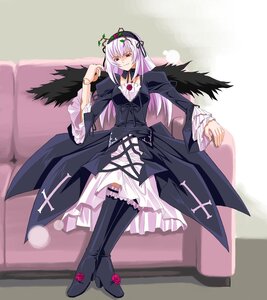Rating: Safe Score: 0 Tags: 1girl black_wings boots dress flower frilled_sleeves frills full_body hairband image lolita_hairband long_hair long_sleeves looking_at_viewer ribbon rose rozen_maiden silver_hair solo suigintou umekichi wings User: admin