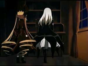 Rating: Safe Score: 0 Tags: 1girl dress image indoors long_hair long_sleeves night pair shinku sitting solo standing suigintou window User: admin