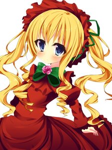 Rating: Safe Score: 0 Tags: 1girl blonde_hair blue_eyes blush bow bowtie dress drill_hair green_bow image long_hair long_sleeves looking_at_viewer red_dress shinku sidelocks simple_background solo twin_drills twintails white_background User: admin