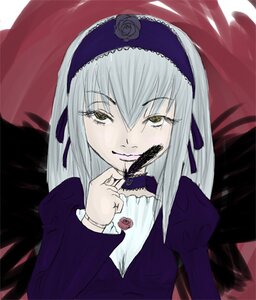 Rating: Safe Score: 0 Tags: 1girl black_wings dress feathers flower frills hairband half-closed_eyes image juliet_sleeves long_hair long_sleeves looking_at_viewer puffy_sleeves rose silver_hair simple_background solo suigintou upper_body wings yellow_eyes User: admin
