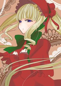 Rating: Safe Score: 0 Tags: 1girl blonde_hair blue_eyes blush bonnet bow dress flower image long_hair long_sleeves looking_at_viewer ribbon shinku solo User: admin