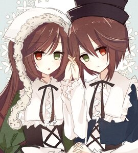 Rating: Safe Score: 0 Tags: 2girls blush brown_hair dress frills green_dress green_eyes hat heterochromia holding_hands image interlocked_fingers long_hair long_sleeves multiple_girls pair red_eyes ribbon short_hair siblings sisters souseiseki suiseiseki twins User: admin