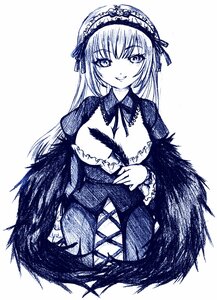 Rating: Safe Score: 0 Tags: 1girl breasts cleavage dress frills gothic_lolita hairband image large_breasts lolita_hairband long_hair long_sleeves looking_at_viewer monochrome ribbon smile solo suigintou User: admin