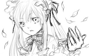 Rating: Safe Score: 0 Tags: 1girl bangs eyebrows_visible_through_hair feathers flower greyscale hair_ornament image long_hair looking_at_viewer monochrome ribbon shinku simple_background solo upper_body white_background User: admin