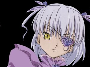 Rating: Safe Score: 0 Tags: 1girl barasuishou black_background closed_mouth eyepatch flower frills hair_ribbon image looking_at_viewer purple_flower purple_rose ribbon rose silver_hair simple_background solo two_side_up upper_body yellow_eyes User: admin