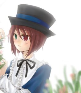 Rating: Safe Score: 0 Tags: 1girl blush brown_hair dress frills green_eyes hat heterochromia image long_sleeves plant potted_plant red_eyes ribbon short_hair solo souseiseki suiseiseki top_hat upper_body white_background User: admin