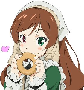 Rating: Safe Score: 0 Tags: 1girl blush brown_hair commentary_request doughnut dress eating face food food_on_face frills green_dress green_eyes head_scarf heart heterochromia holding_food image long_hair long_sleeves looking_at_viewer red_eyes rozen_maiden simple_background solo suiseiseki umanosuke upper_body white_background User: admin