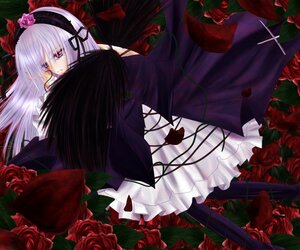 Rating: Safe Score: 0 Tags: 1girl black_wings dress flower frills hairband image lolita_hairband long_hair long_sleeves purple_rose red_flower red_rose rose solo suigintou thorns wings User: admin