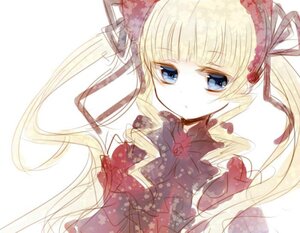 Rating: Safe Score: 0 Tags: 1girl auto_tagged bangs blonde_hair blue_eyes bow dress expressionless image long_hair looking_at_viewer shinku simple_background solo twintails upper_body very_long_hair white_background User: admin