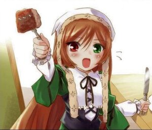 Rating: Safe Score: 0 Tags: 1girl :d blush brown_hair dress food green_dress green_eyes head_scarf heterochromia holding image long_sleeves looking_at_viewer open_mouth red_eyes scissors smile solo suiseiseki User: admin