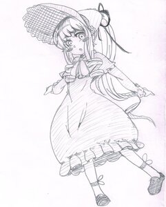 Rating: Safe Score: 0 Tags: 1girl bonnet dress full_body greyscale hat image long_hair long_sleeves looking_at_viewer monochrome open_mouth shinku shoes sidelocks solo standing User: admin